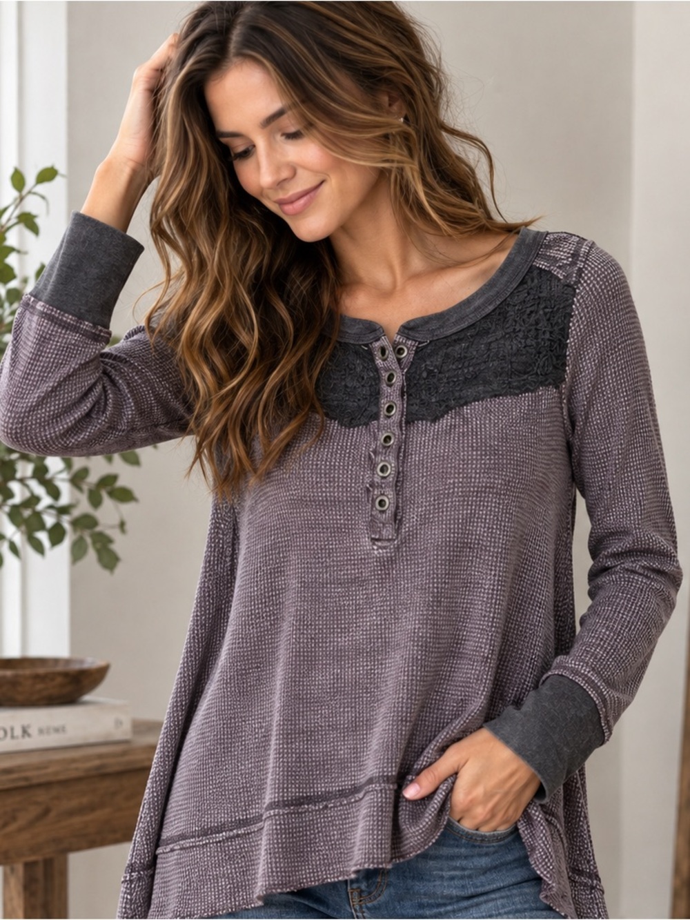 Free People We The Free Purple Gray Lace Henley Thermal Tunic Top XS